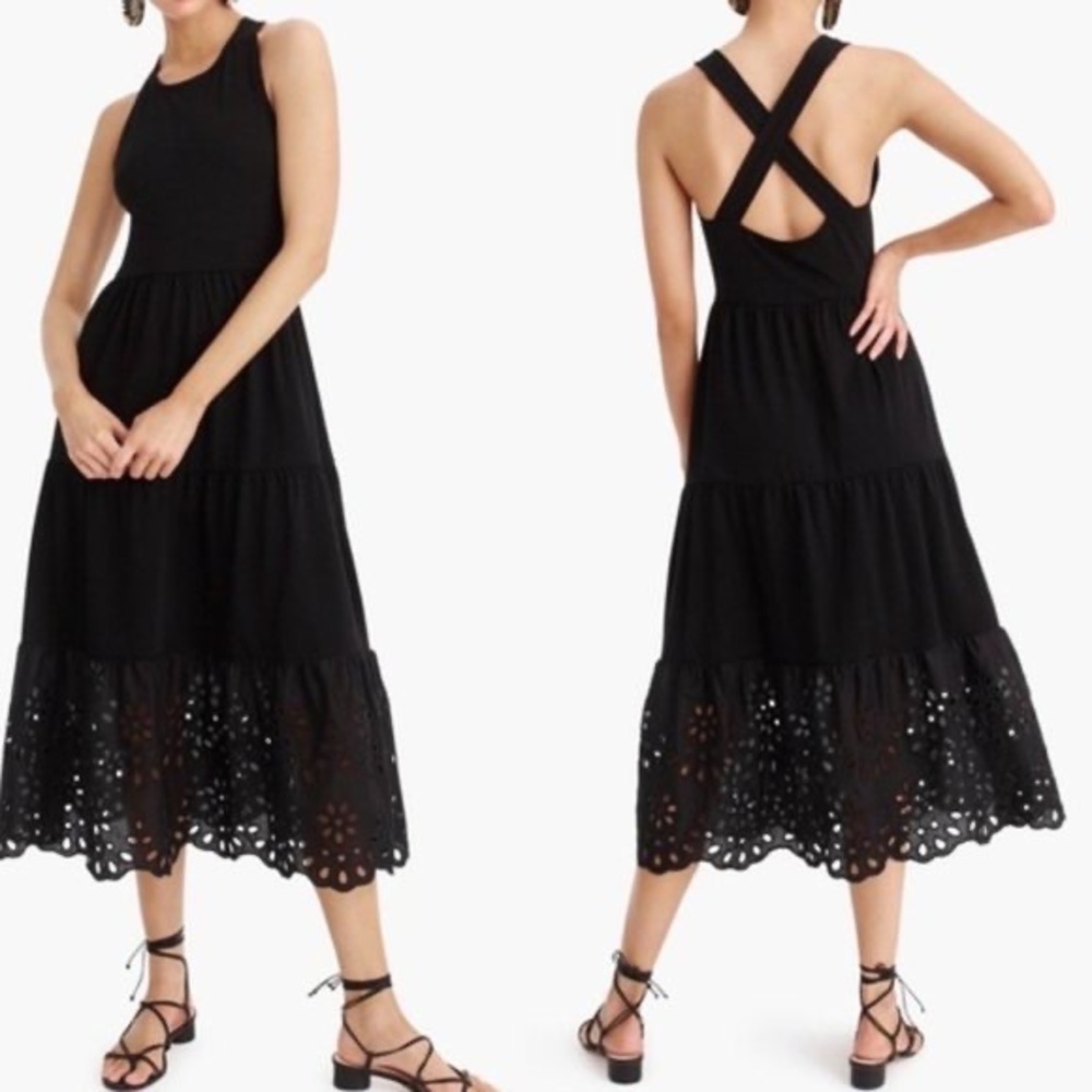 J Crew Tiered Midi Dress with Eyelet Trim